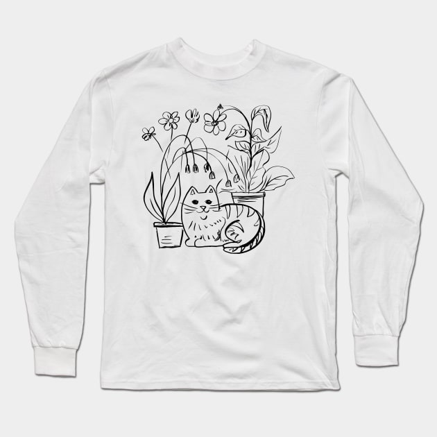 Cute Doodle Garden Cat Long Sleeve T-Shirt by SWON Design